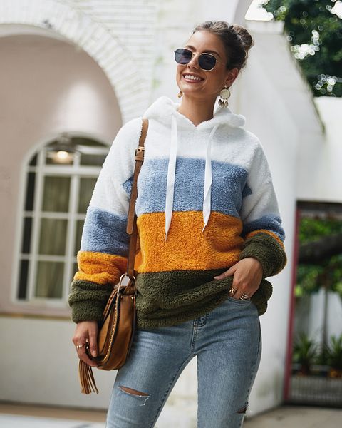 

women's hoodies & sweatshirts fashion women sweatshirt striped patchwork ladies long sleeve pullover plush autumn winter female warm cl, Black