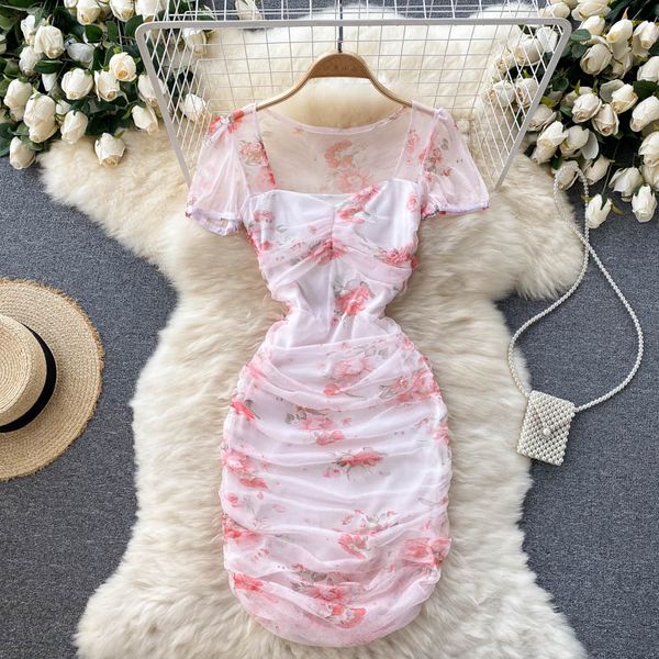 

black/pink floral draped mesh mini bodycon dress women square collar short sleeve high waist club party vestidos female new, Black;gray