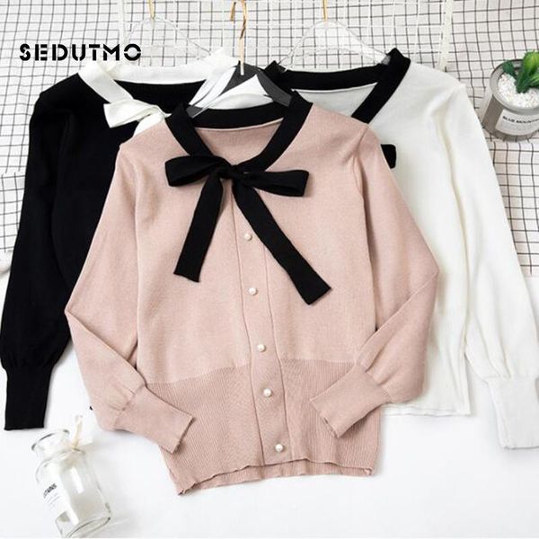 

women's sweaters sedutmo spring bow sweater women slim pullovers patchwork jumper knitted long sleeve white stretch basic ed710, White;black