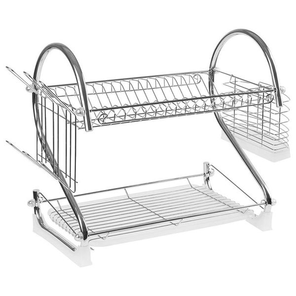 

s-shaped 2-tier multi-function stainless steel dish drying rack,cup drainer holder for kitchen ,silver storage & organization