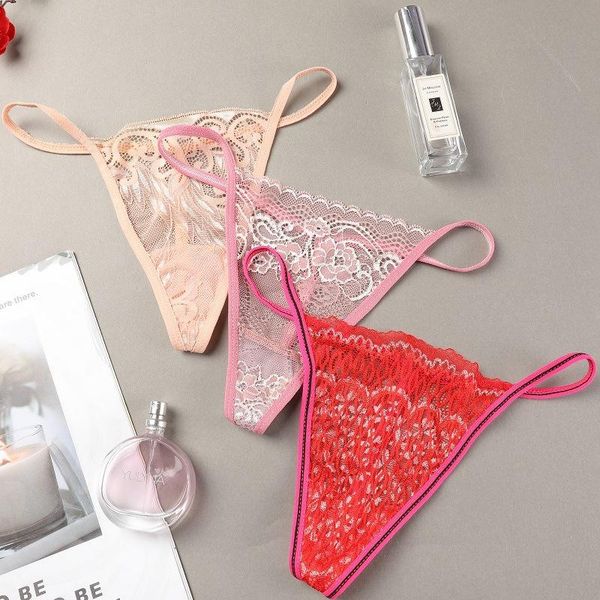

women's panties 1pcs 2021 low-rise lace thongs women t-back printing thong g-string underwear girls underpants xd79, Black;pink