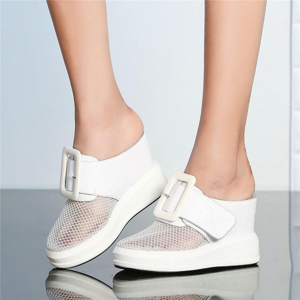 

slippers creepers women cow leather wedges platform high heel pumps round toe roman sandals summer trainers shoes outdoor slides, Black