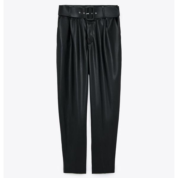 

women's pants & capris hadara office lady pu leather women fashion ankle length trousers elegant tie belt waist female ladies ia, Black;white