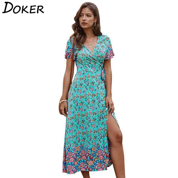 

bohemian style v-neck high-waist summer long skirt floral print split dress beach vacation leisurely lace-up women clothes 210423, Black;gray