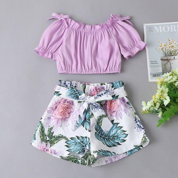 

toddler kids girls clothes sets summer clothing solid color + floral shorts children outfits, White