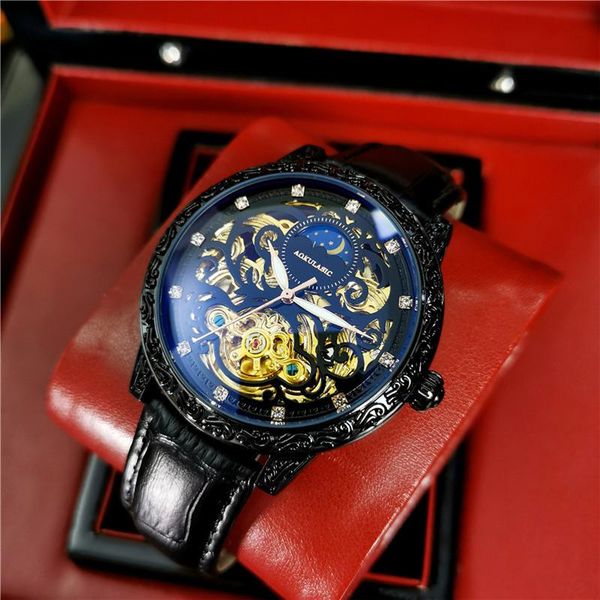 

wristwatches jojoz the automatic mechanical watch hollow moon phase waterproof luminous male high-end leather butterfly buckle, Slivery;brown