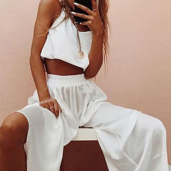 

summer solid 2 pieces sets womens pants leisure suit spaghetti strap crop women set high waist wide leg ladies, White