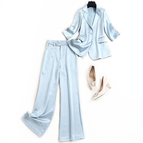 

summer temperament office wear advanced satin light blue three quarter sleeves blazer with pants suit women's two piece, White