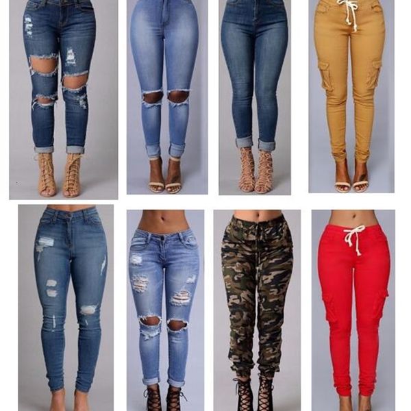 

fashion style women high waist full length ripped skinny for women's jeans slim pants 9kpz, Blue