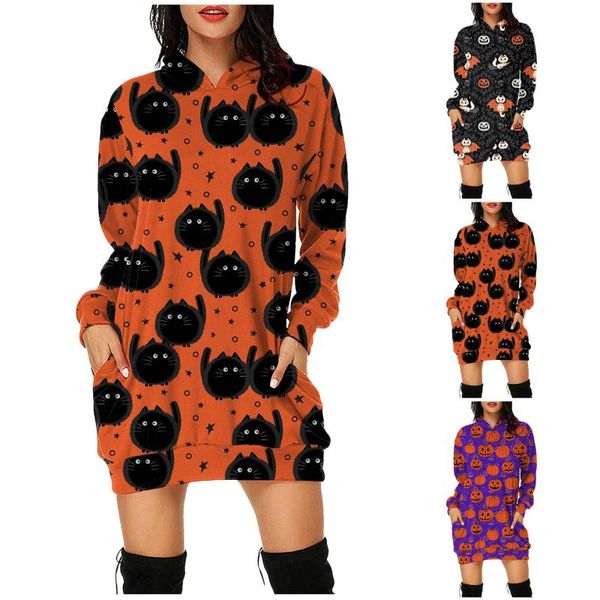 

casual dresses 2021 women print hooded long sleeve loose pocket dress, Black;gray