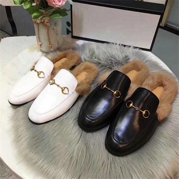 

designer women slippers princetown loafers warm fur slippers classic metal buckle embroidery sandals men leather half slipper pattern slides, Black