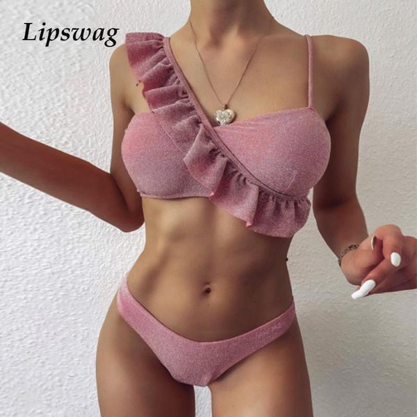 

women swimbikini set solid color ruffled split swimsuit bikini open back push-up swimwear biquini beach wear bathing suit l one-piece s