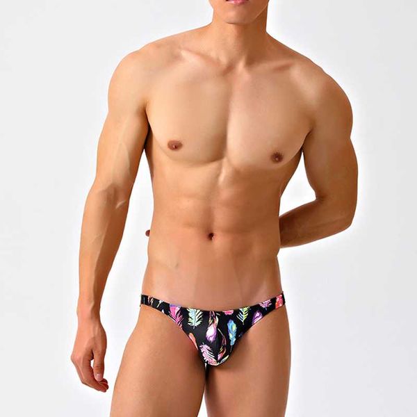 

black feather printing swimsuits men swimwear super low waist swimsuit bikinis beach swim briefs small size men's