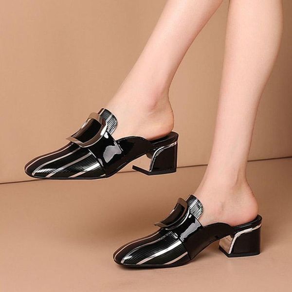 

big size women slippers square toe mules botton buckle high heels dress shoes female leather modern slides zapatos mujer 9156c, Black