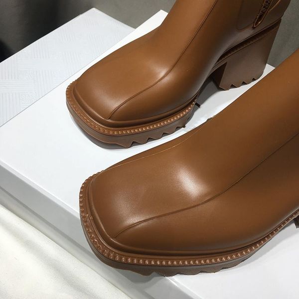 

luxury designer womens half boots shoes winter chunky med heels plain square toes shoe rainboots zip women mid calf booty wear resistant thi, Black
