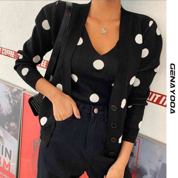 

genayooa streetwear women knit set autumn long sleeve polka dot sweater vest and cardigan two piece outfit korean 210417, White