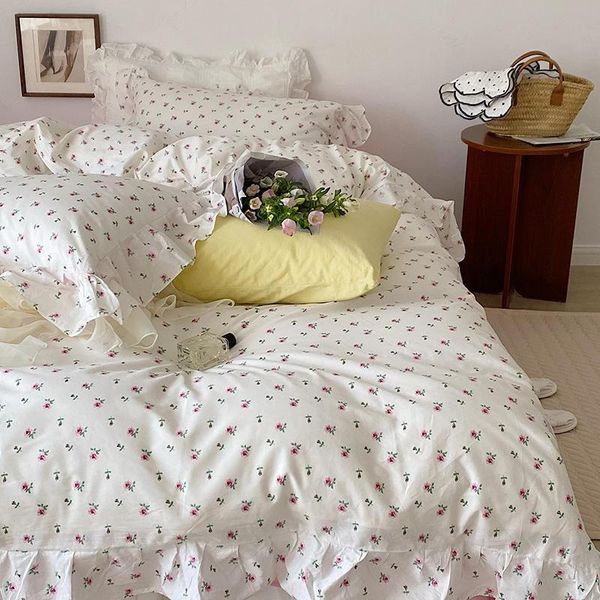 

100% cotton vintage rose flowers ruffled duvet cover set for girls twin  3/4pcs machine washable breathable bedding sets