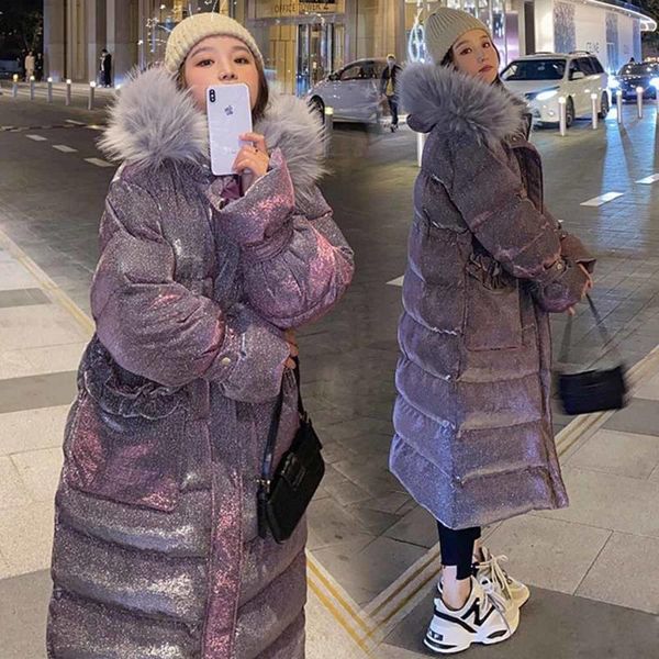 

women's down & parkas 2021 shiny thicken warm hooded fur collar long winter coat women loose cotton padded jacket female snow outerwear, Black