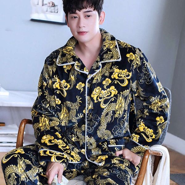 

men winter new fashion pajamas set long sleeve pajamas sleep dragon print sleepwear thick warm flannel loungewear homewear, Black;brown
