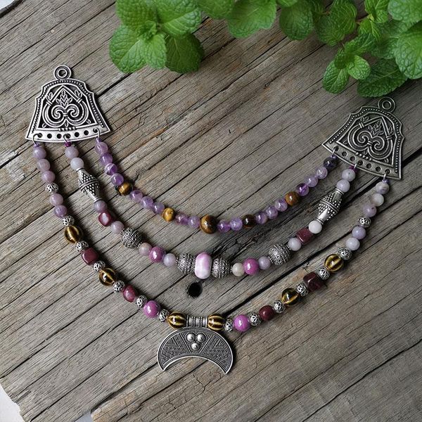 

pendant necklaces 3 row viking brooch chain with lilac and amethyst stone beads,moon,unique ethnic jewelry,norse apron chain,viking jewelry, Silver