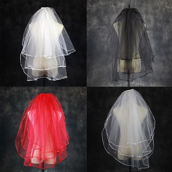 

bridal veils white ivory red black veil wedding with comb ribbon edge vail three-layer velo sposa velos de novia 2021