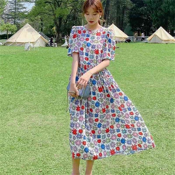 Frauen Sommer Vintage Süße Blume Lange Plissee Kleid Elegante Mode Oansatz Puff Sleeve Pullover Casual Urlaub 210519
