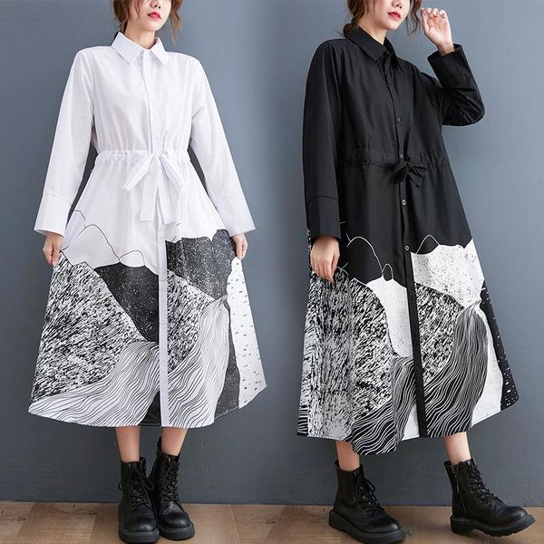 

casual dresses women dress autumn 2022 office lady print long sleeve patchwork loose notched single breasted belt white black, Black;gray