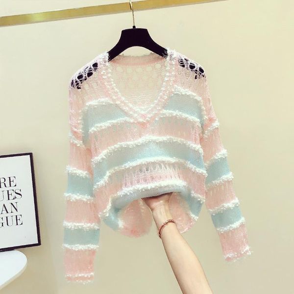 

women's sweaters 2021 spring autumn color hollow-out thin sweater overall korean striped loose female knit pullovers jumper, White;black