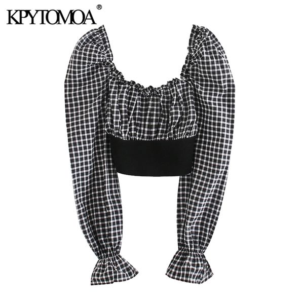 

women sweet fashion patchwork plaid cropped blouses square collar long sleeve female shirts chic 210420, White