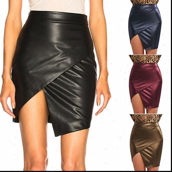 

leather fashion black cross split women skirt a line short solid casual irregular female bodycon mini