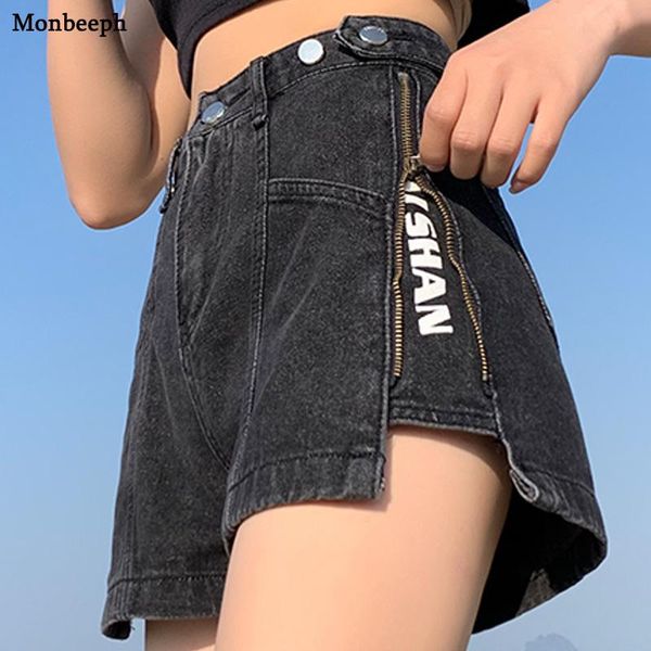 

monbeeph fashion zipper design women denim shorts summer letter print black blue gray short jeans for pants women's