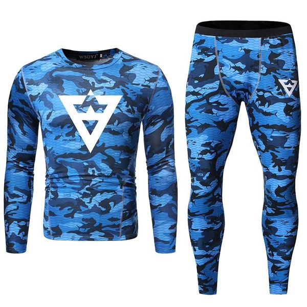

men's tracksuits 2021 sports suit camouflage printing training fitness qui drying long sleeve, Gray