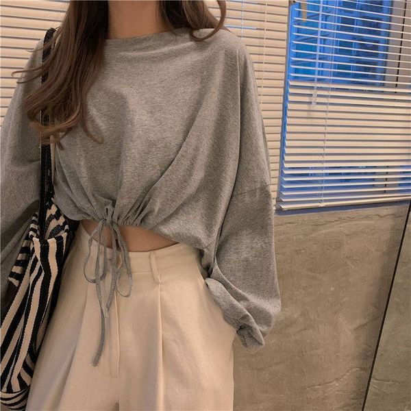 

spring korean version loose high waist short long sleeve white t-shirt for female students, Gray;blue