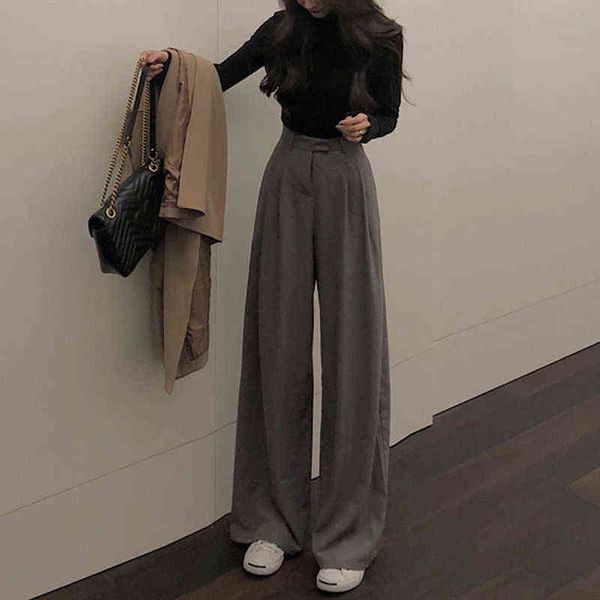 

women loose summer pants soft ice silk ankle-length black wide leg grey khaki high waisted trousers stacked pants 211124, Black;white