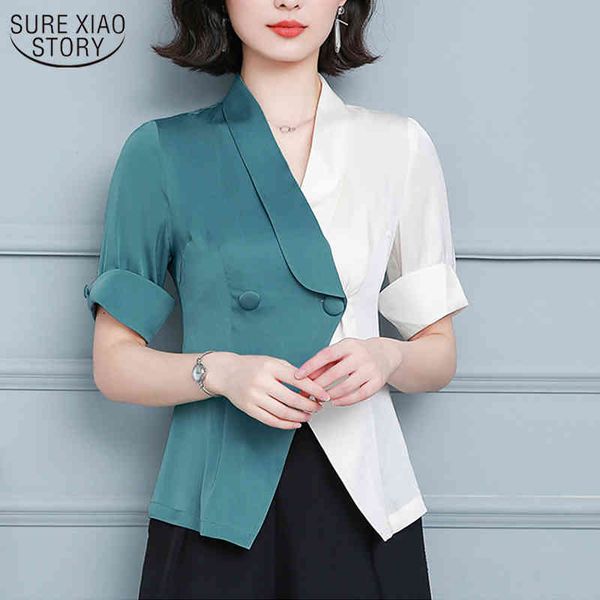 

summer button ladies short sleeve silk satin women shirts office elegant solid v neck blouse plus size 10095 210508, White