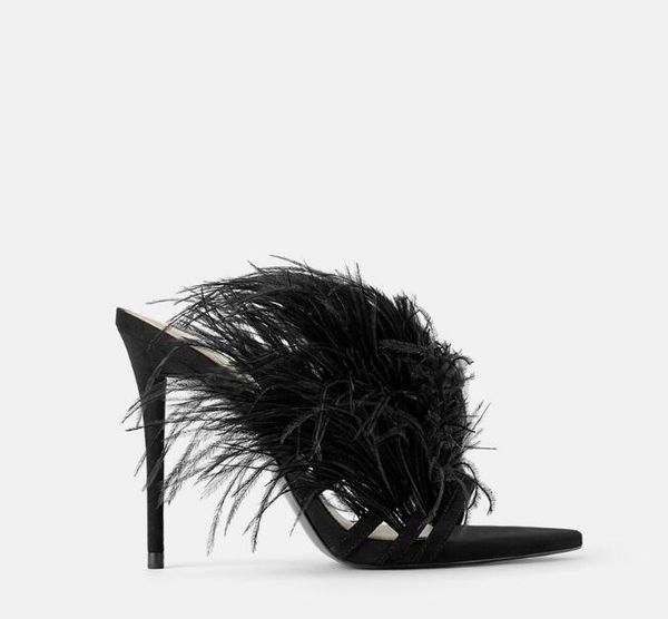 

slippers 2021 female summer hair tassel thin high heel, Black