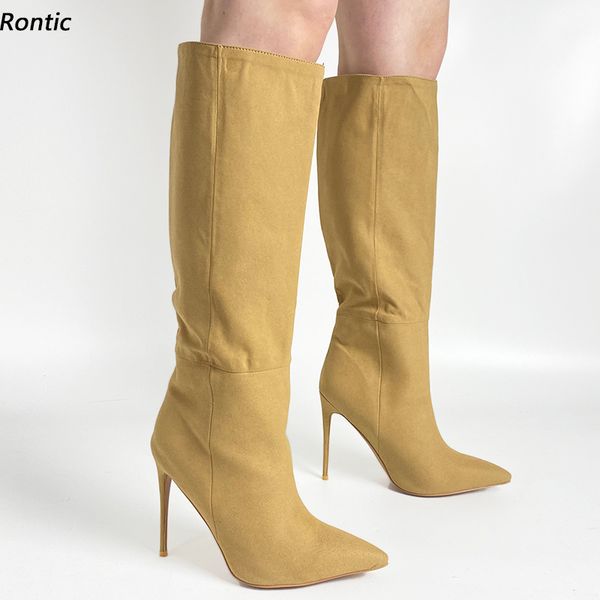 

rontic handmade women spring knee boots faux suede stiletto heels pointed toe pretty camel party shoes us size 5-16, Black