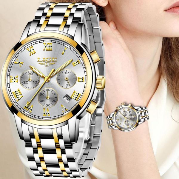 

wristwatches lige ladies watch fashion steel belt chronograph quartz clock waterproof wristwatch+box, Slivery;brown