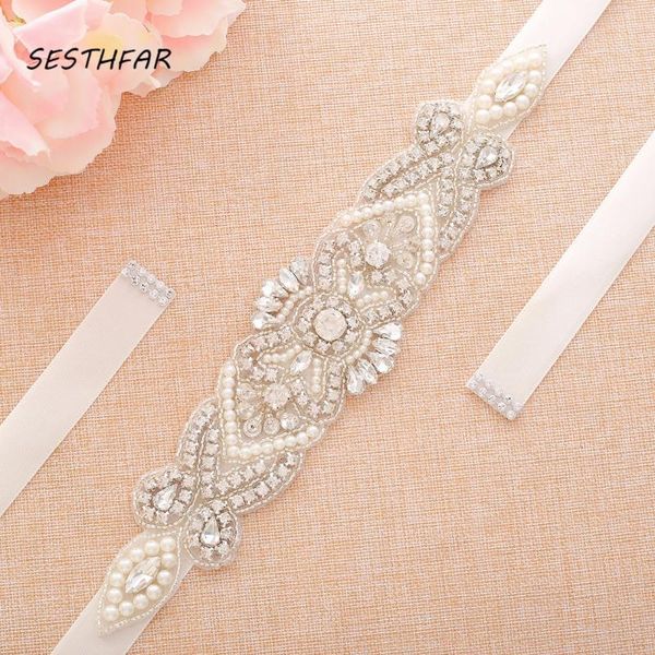 

wedding sashes crystal pearls bridal belt hand beaded belts silver rhinestones sash for dressesj118, White
