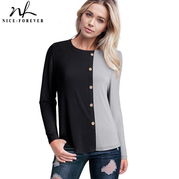 

nice-forever autumn women vintage contrast color patchwork with button t-shirts casual oversized tees t061 210419, White