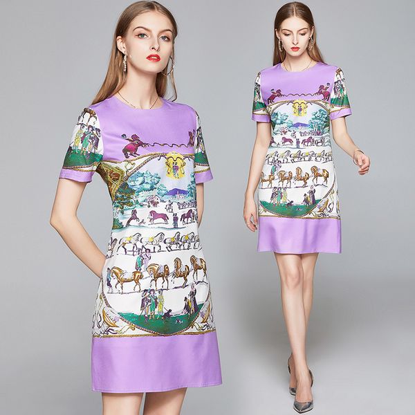 

new quality 2020 summer runway high-end women's vintage print dress short sleeve elegant ladies casual office round neck designer dress, Black;gray