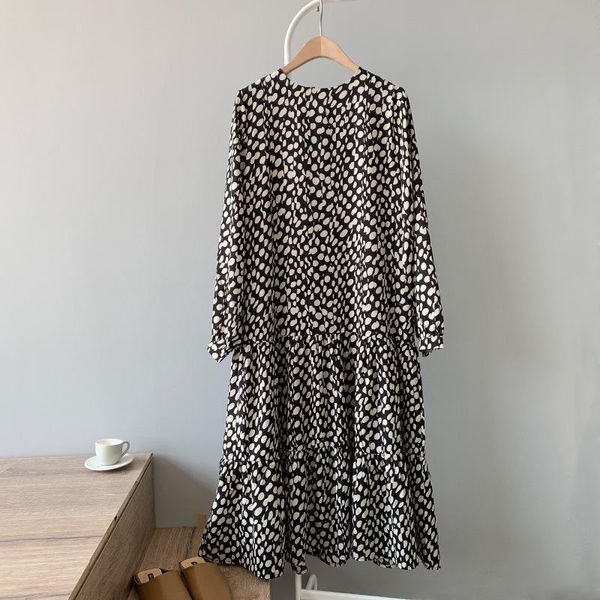 

fashion women print midi dress long sleeve ladies vintage chiffon casual dresses, Black;gray