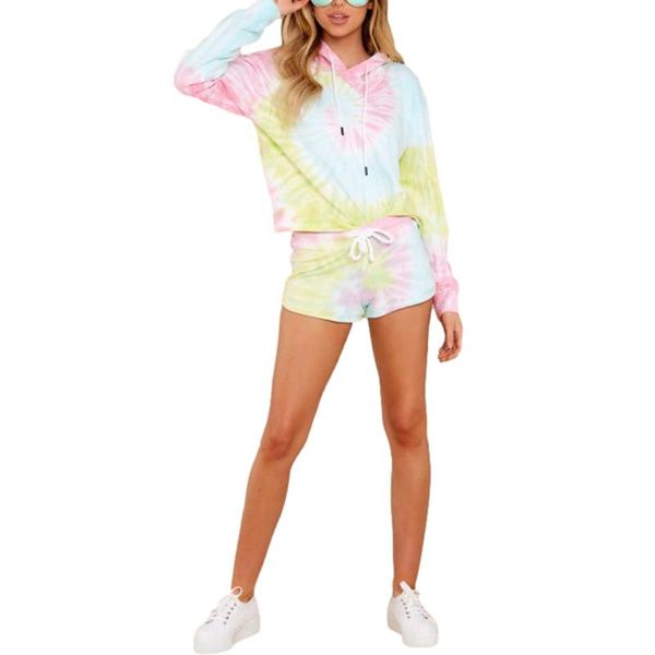 

women's tracksuits summer 2pcs women tracksuit tie-dye hooded long sleeves sweatshirt + drawstring elastic waist shorts set, Gray