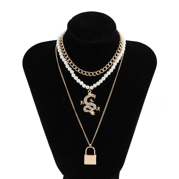 

pendant necklaces women's jewelry simple atmosphere chain imitation pearl necklace retro diamond-studded dragon lock set, Silver