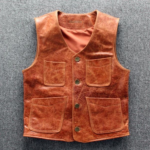 

men's vests vest genuine mens vintage brown slim waistcoat/vest cowhide real leather motorcycle biker short style sleeveless jacket, Black;white