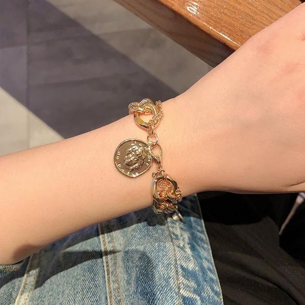 

link, chain retro coin round brand double layer bracelet female personality trend fashion simple niche bracelets chunky, Black