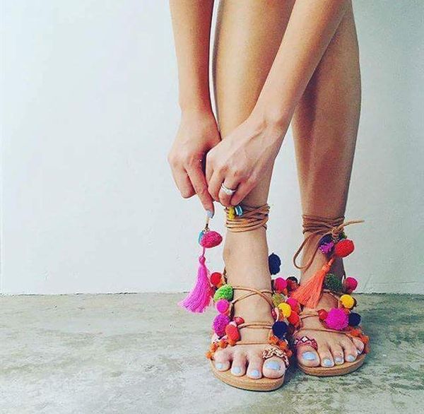 

sandals est bohemia multi ball crosstie lace up tassel lady fariy style summer vacation pompon peep toe gladiator shoes, Black