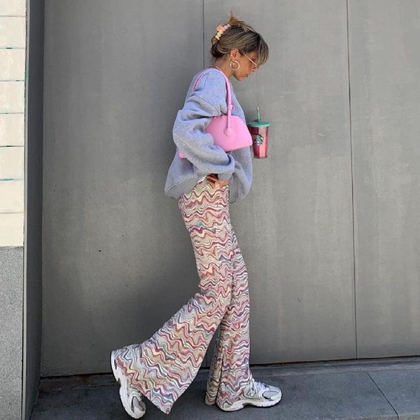 

women's pants & capris wave color flared pant women casual print hight waist long skinny loose trousers summer streetwear, Black;white