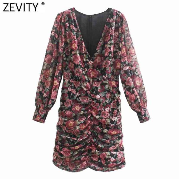 

zevity women vintage v neck floral print pleated slim mini dress female chic puff sleeve summer chiffon short vestido ds8162 210419, Black;gray
