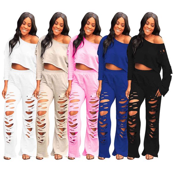 

women's two piece pants designer women solid ripped sets hollow out o neck full sleeve crop high waist loose set dshj, White